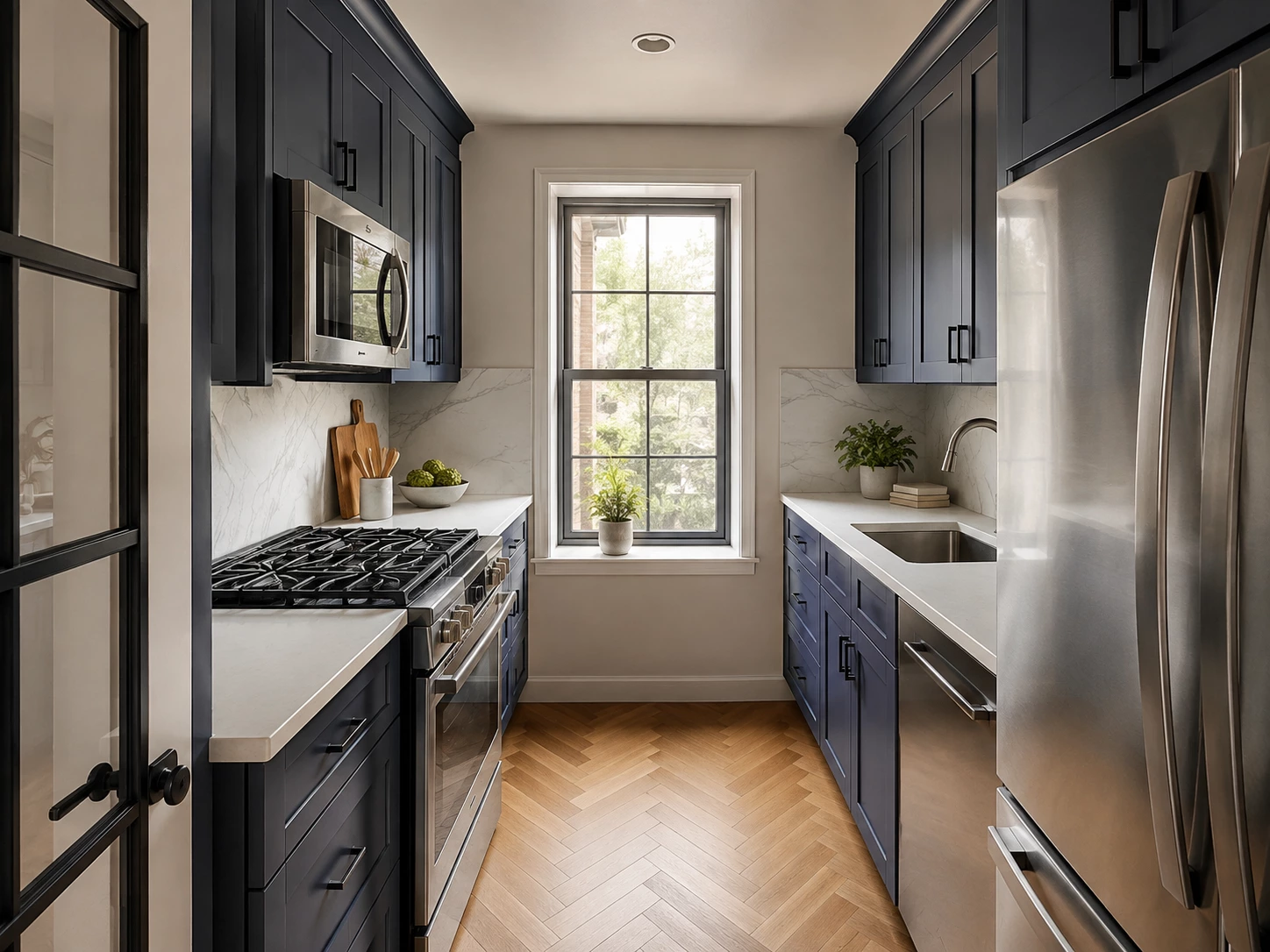 Bevel Blue cabinets in a farmhouse kitchen with wood beams and a glass door, Ohio