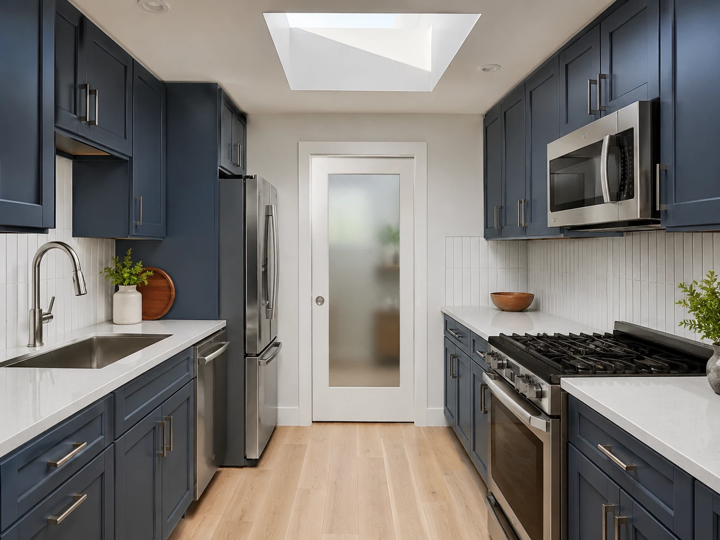 Bevel Blue cabinets in a galley kitchen with herringbone wood flooring, Ohio