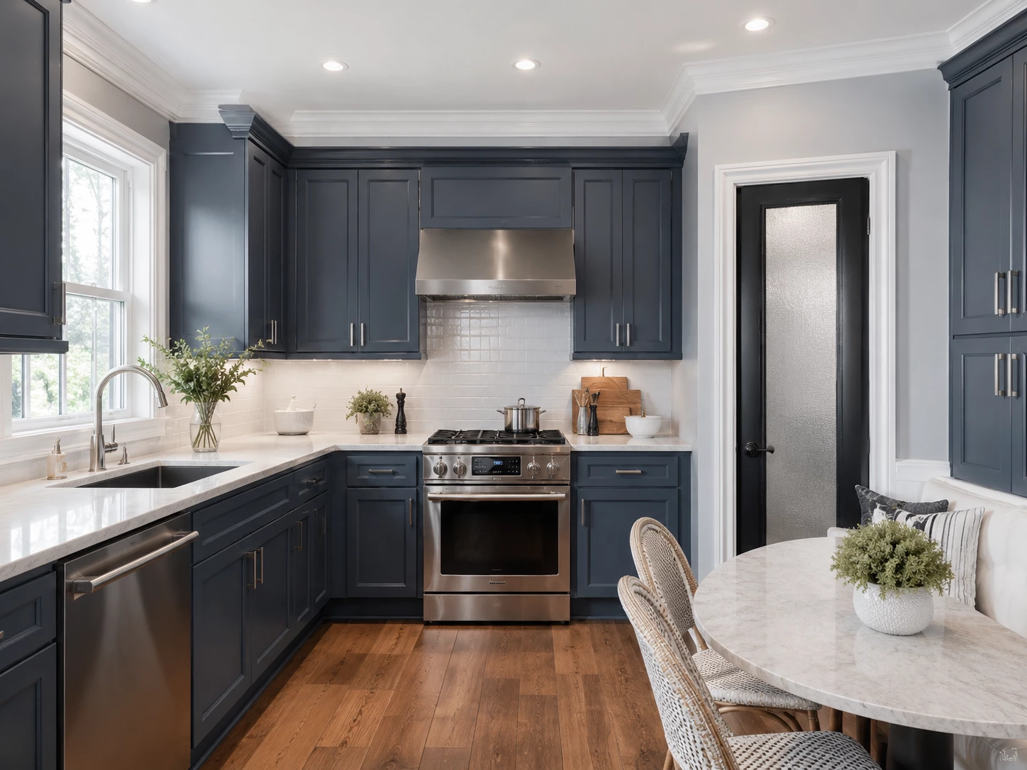 Bevel Blue cabinets in an L-shaped kitchen with white quartz countertops, Ohio