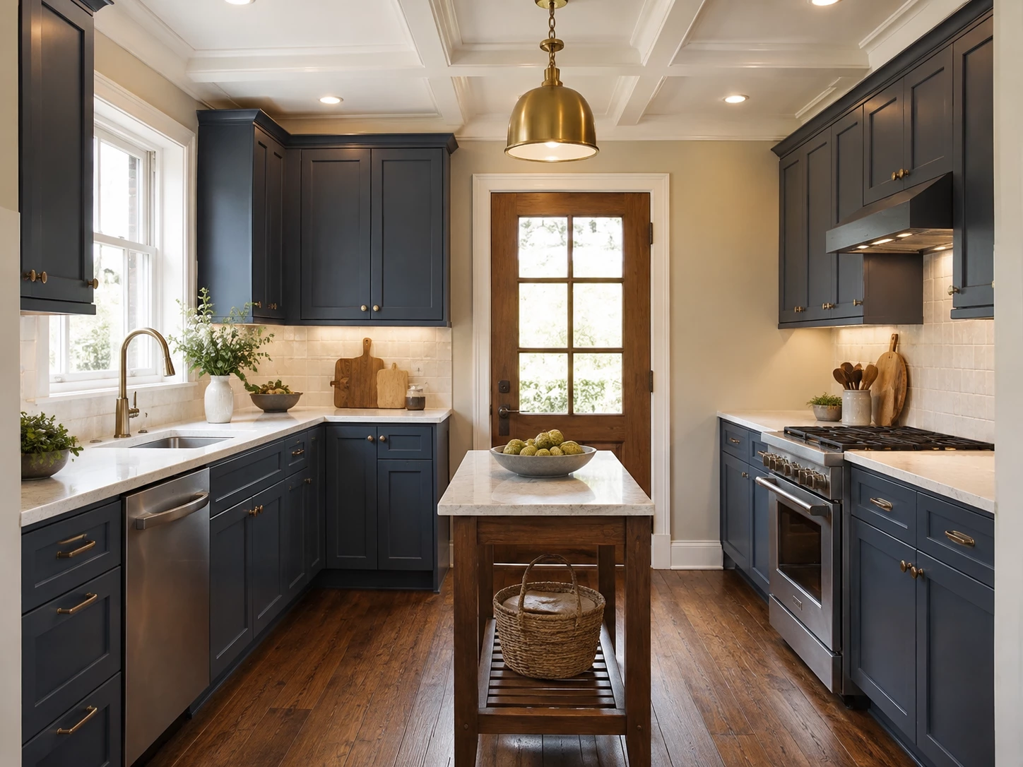 Bevel Blue cabinets in a Mediterranean style kitchen with a peninsula and arched entry, Ohio