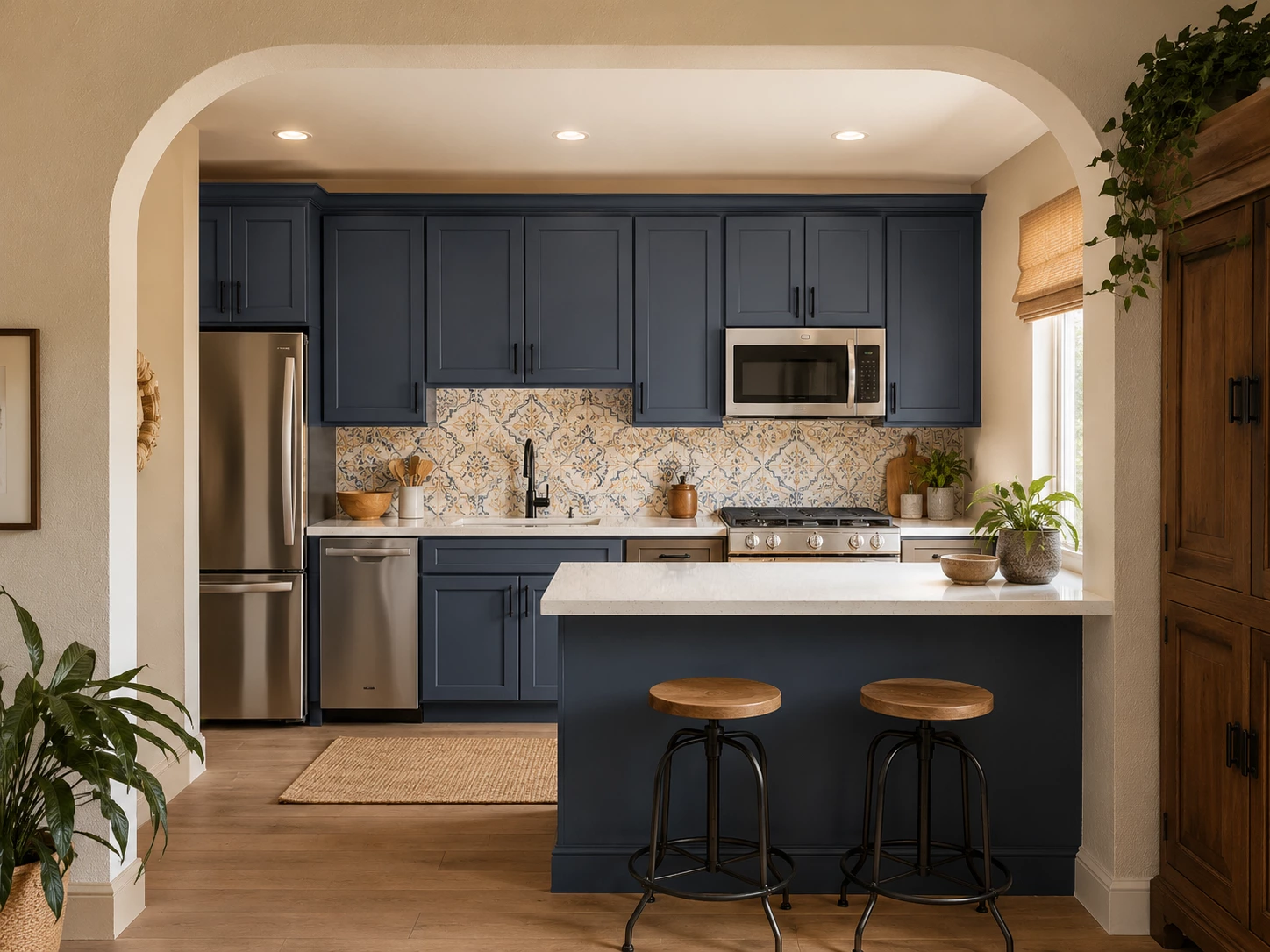 Bevel Blue cabinets in a transitional kitchen with a breakfast nook, Ohio