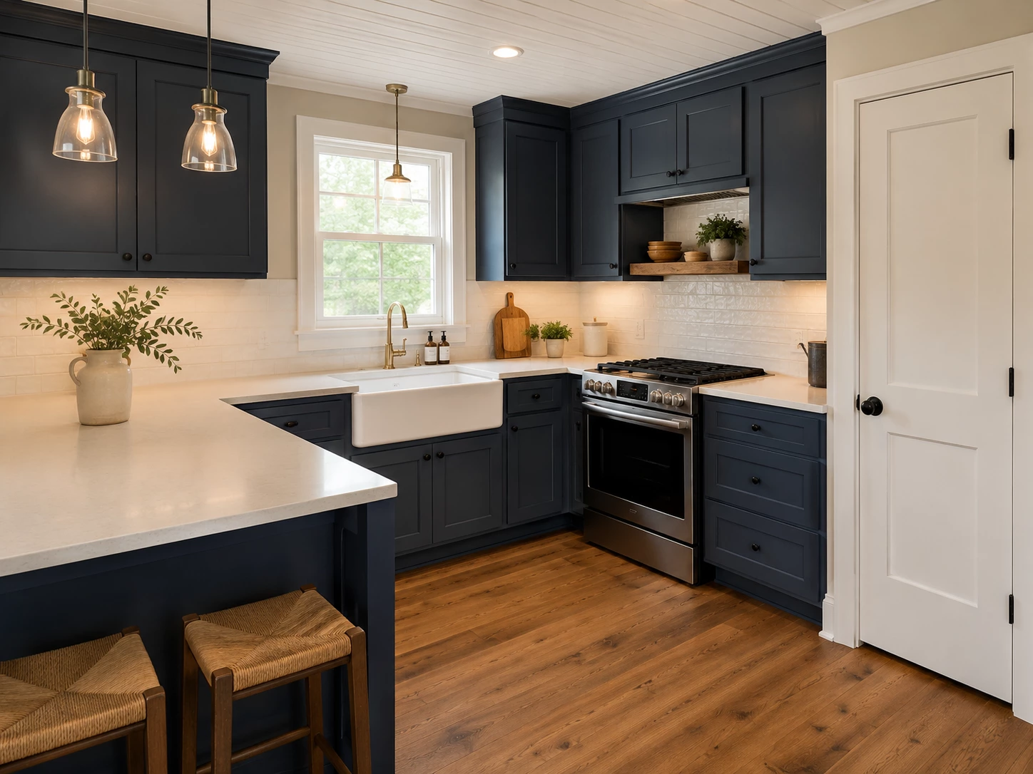 Bevel Blue cabinets in a transitional U-shaped kitchen with a center prep island, Ohio
