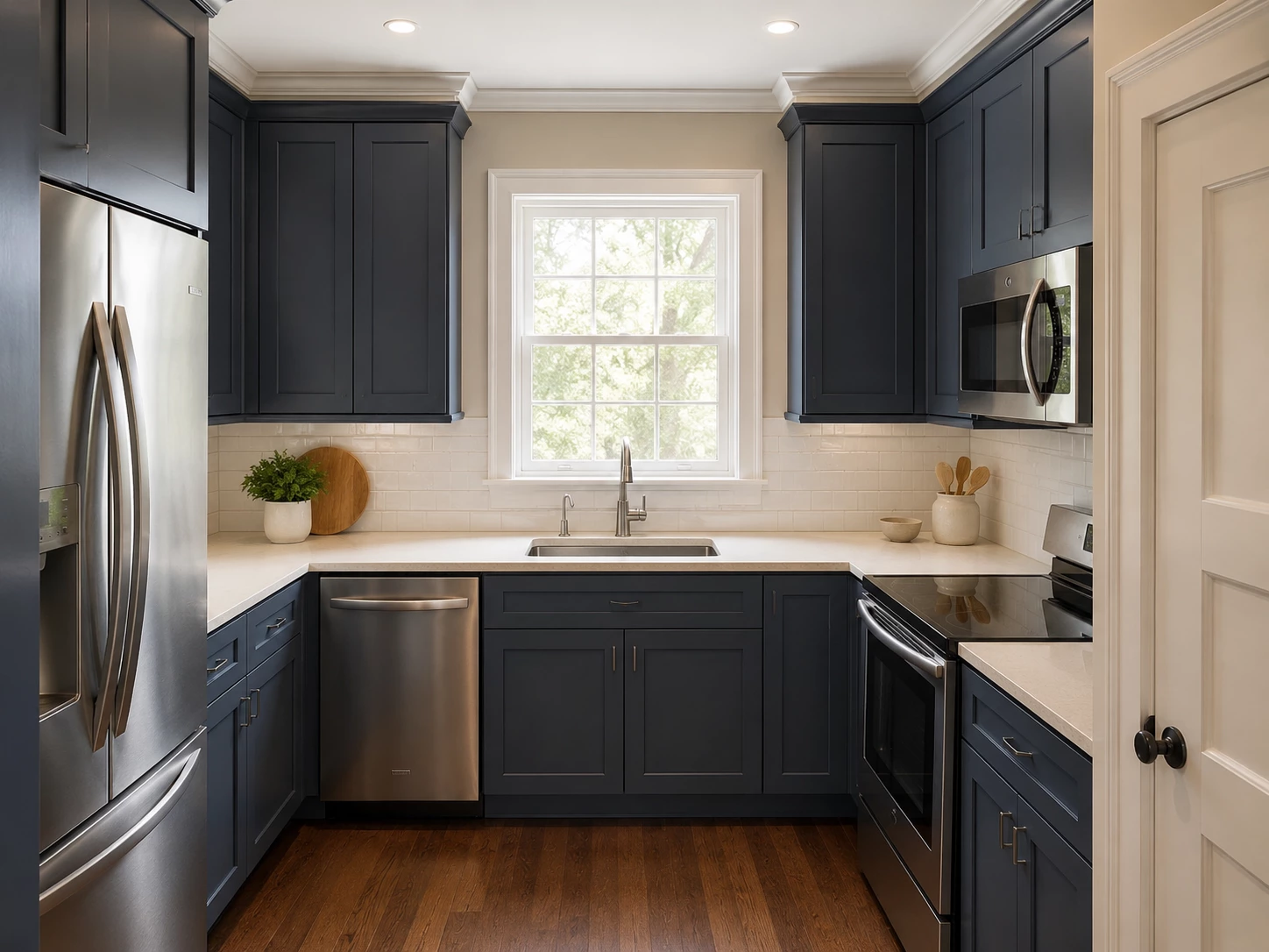 Bevel Blue cabinets in a U-shaped kitchen with stainless steel appliances, Ohio