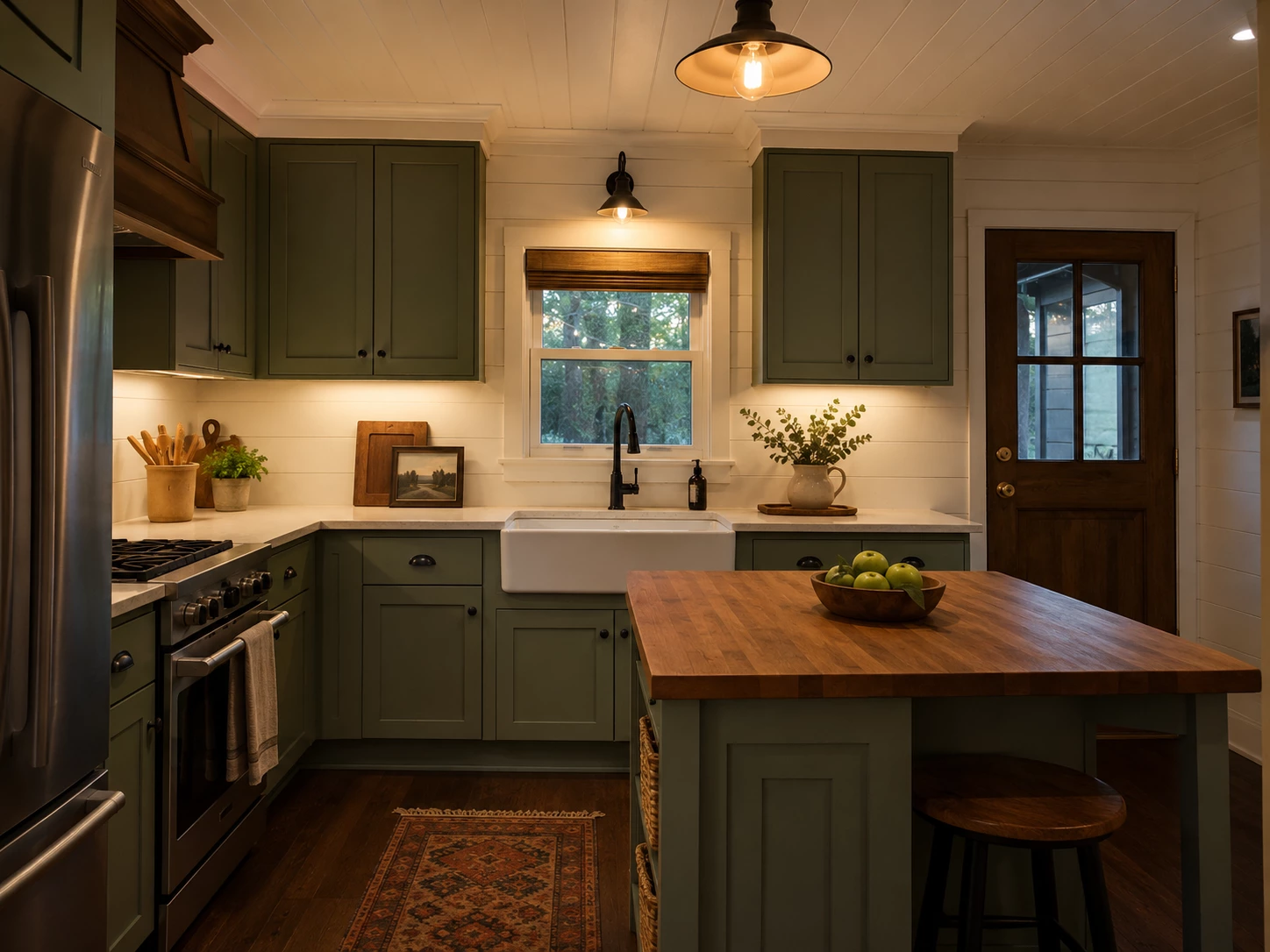 Bevel Green cabinets in a coastal kitchen with an aqua backsplash and dining area