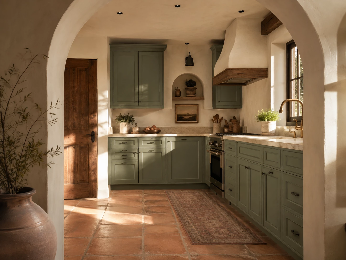 Bevel Green cabinets in a farmhouse kitchen with a butcher block island and apron sink