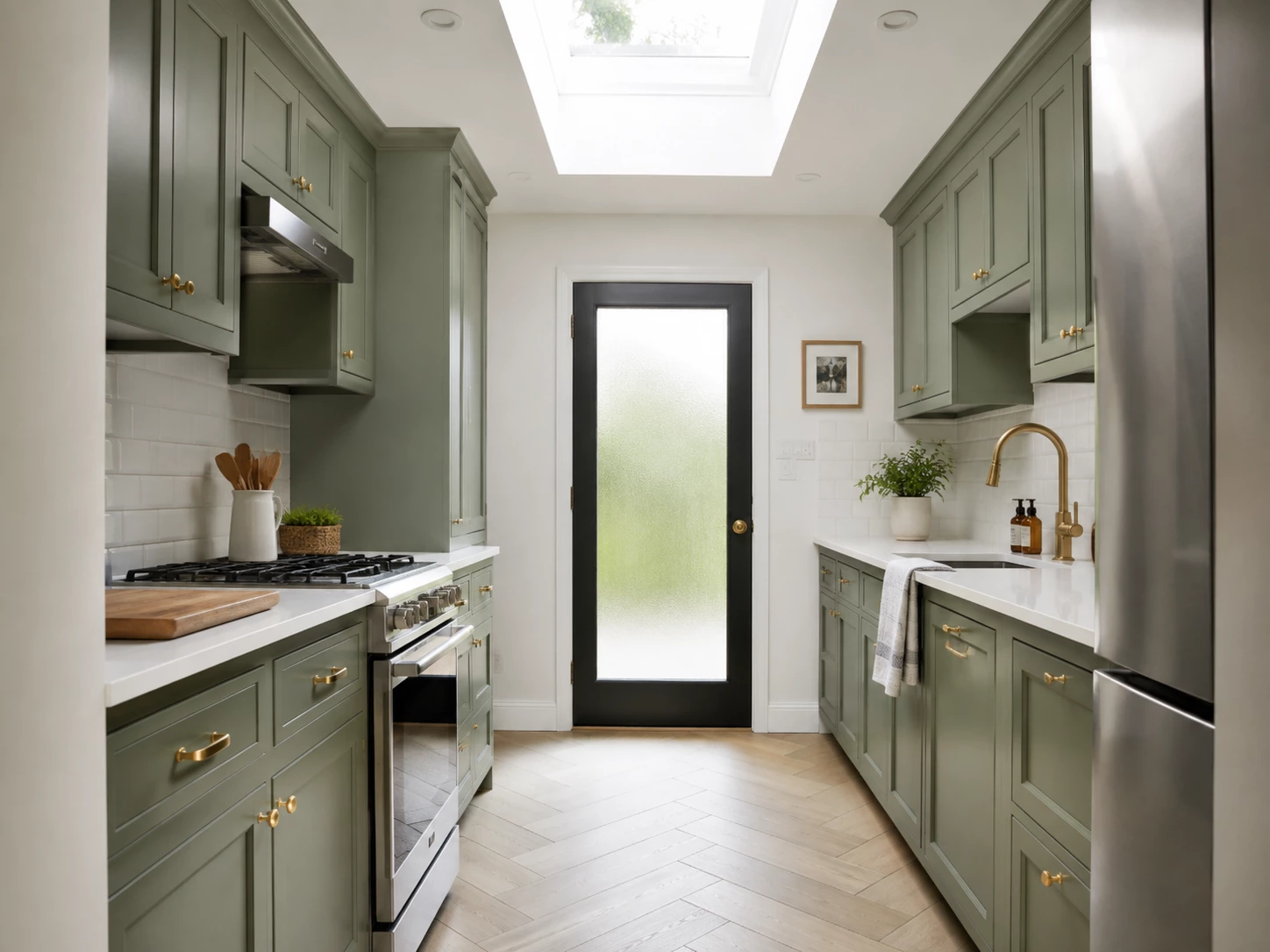 Bevel Green cabinets in a galley kitchen with a skylight and brass hardware