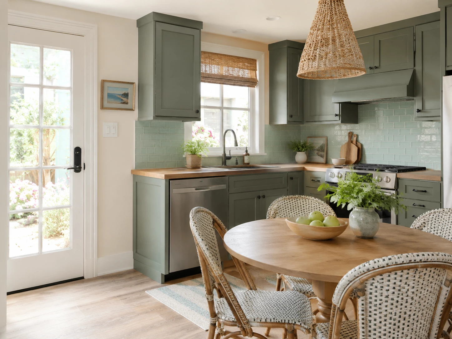 Bevel Green cabinets in a kitchen with a center island and a coffered ceiling