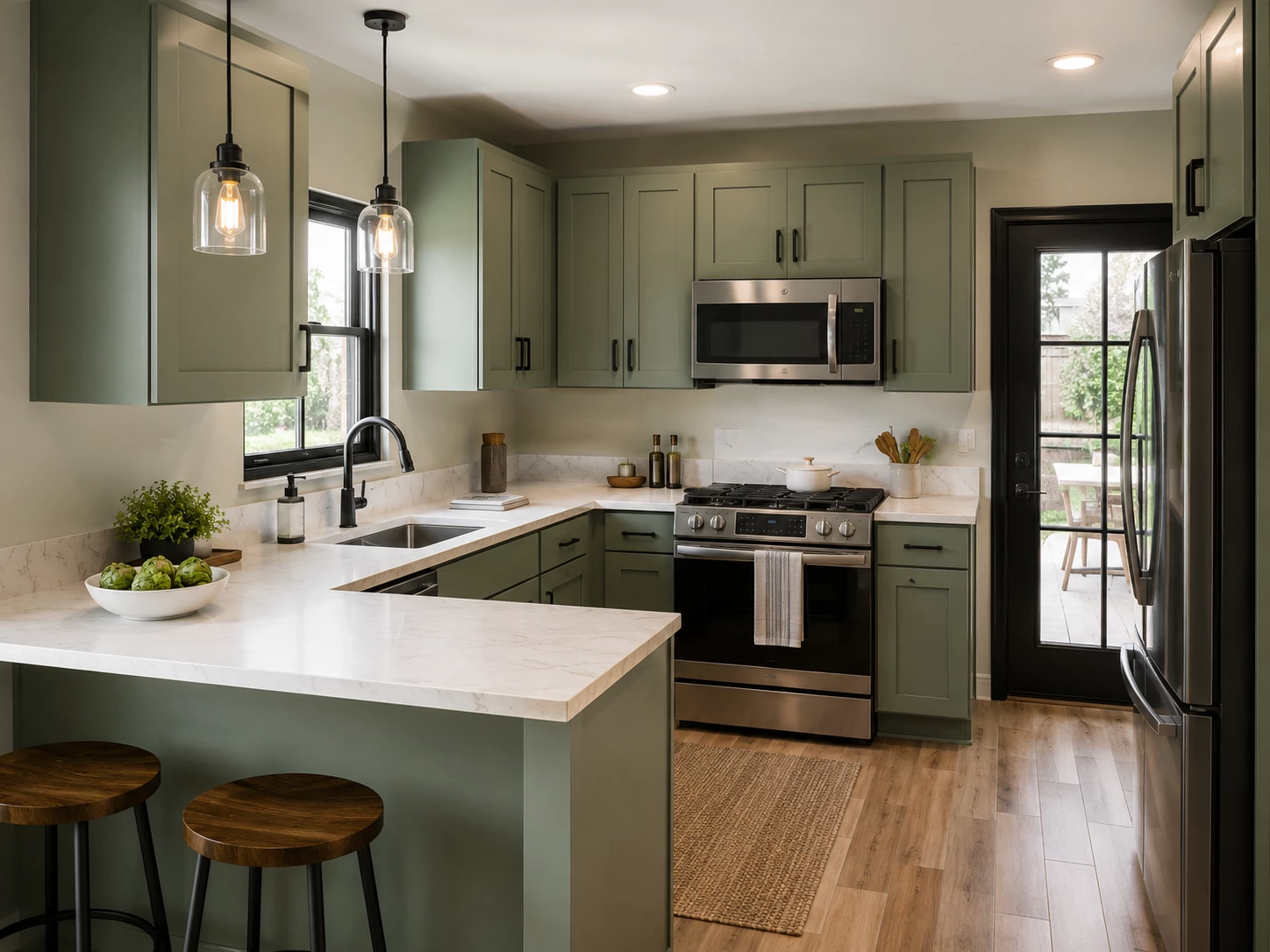 Bevel Green cabinets in a Mediterranean style kitchen with an arched entry and terracotta flooring