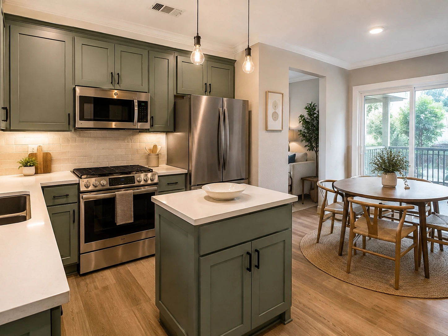 Bevel Green cabinets in a modern kitchen with a center island and dining area