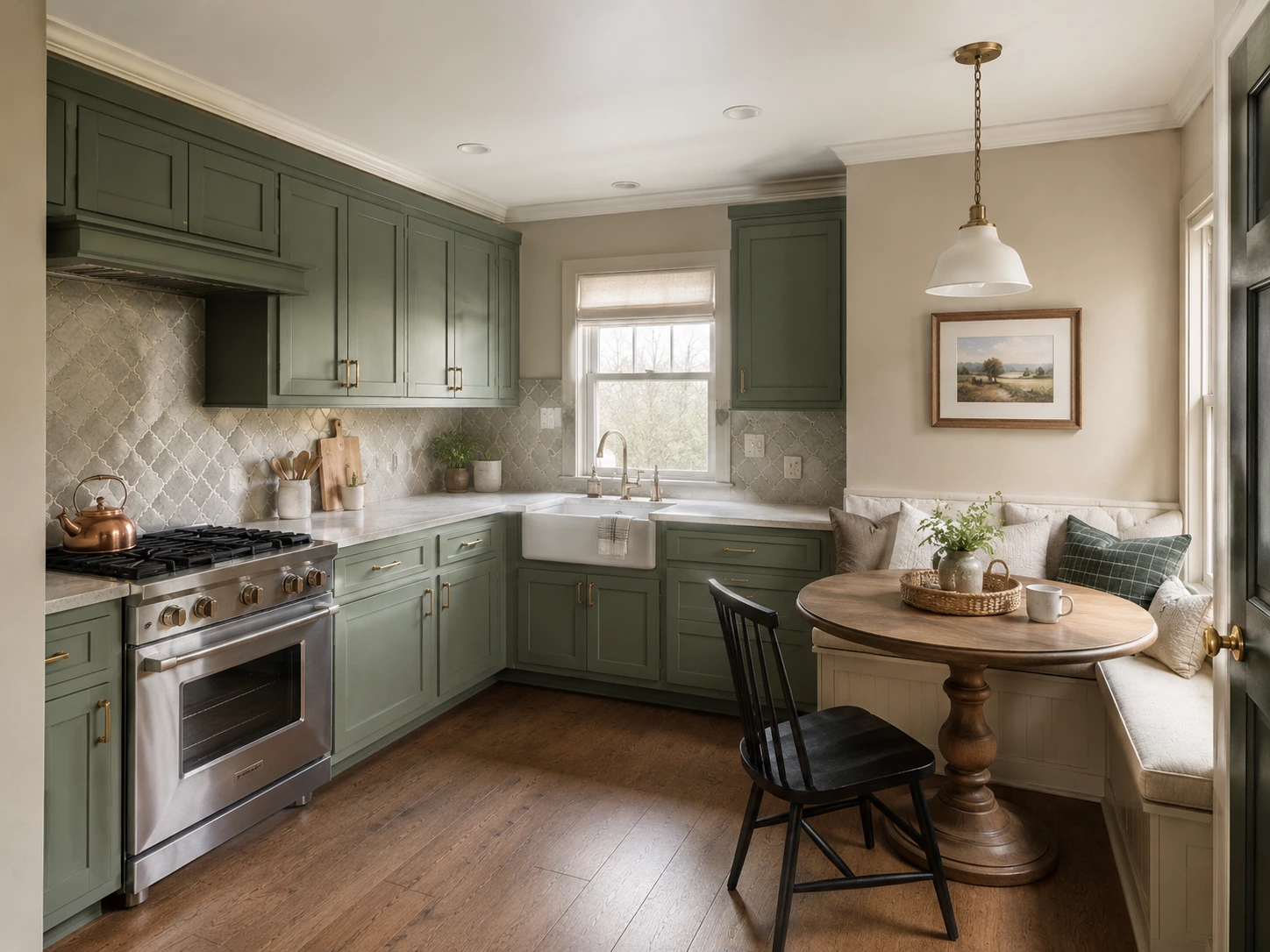 Bevel Green cabinets in a modern kitchen with stainless steel appliances and wood flooring