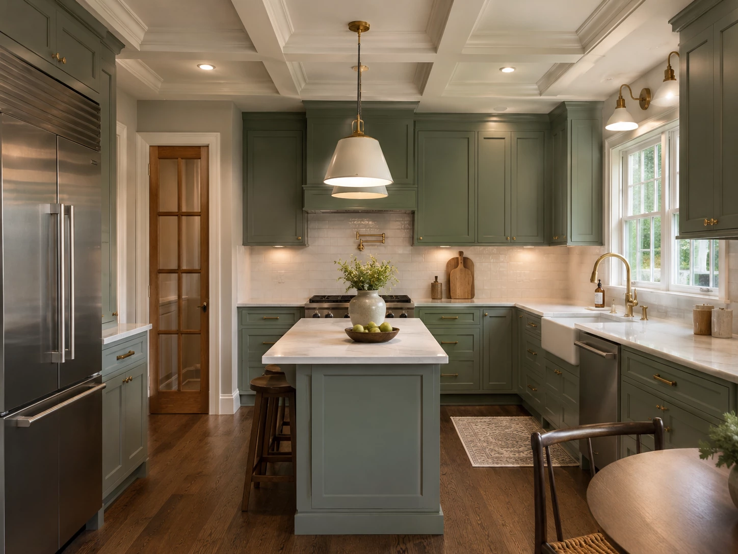 Bevel Green cabinets in a transitional kitchen with a built-in breakfast nook
