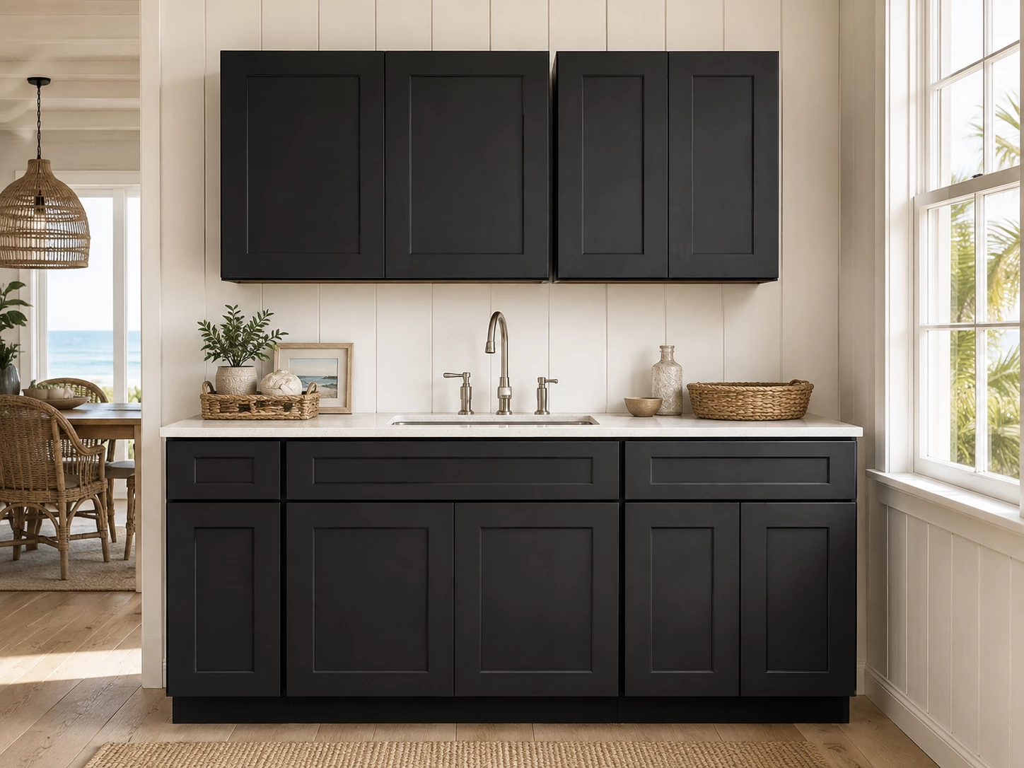Black Shaker cabinets in a modern city apartment kitchen in Cleveland, Ohio