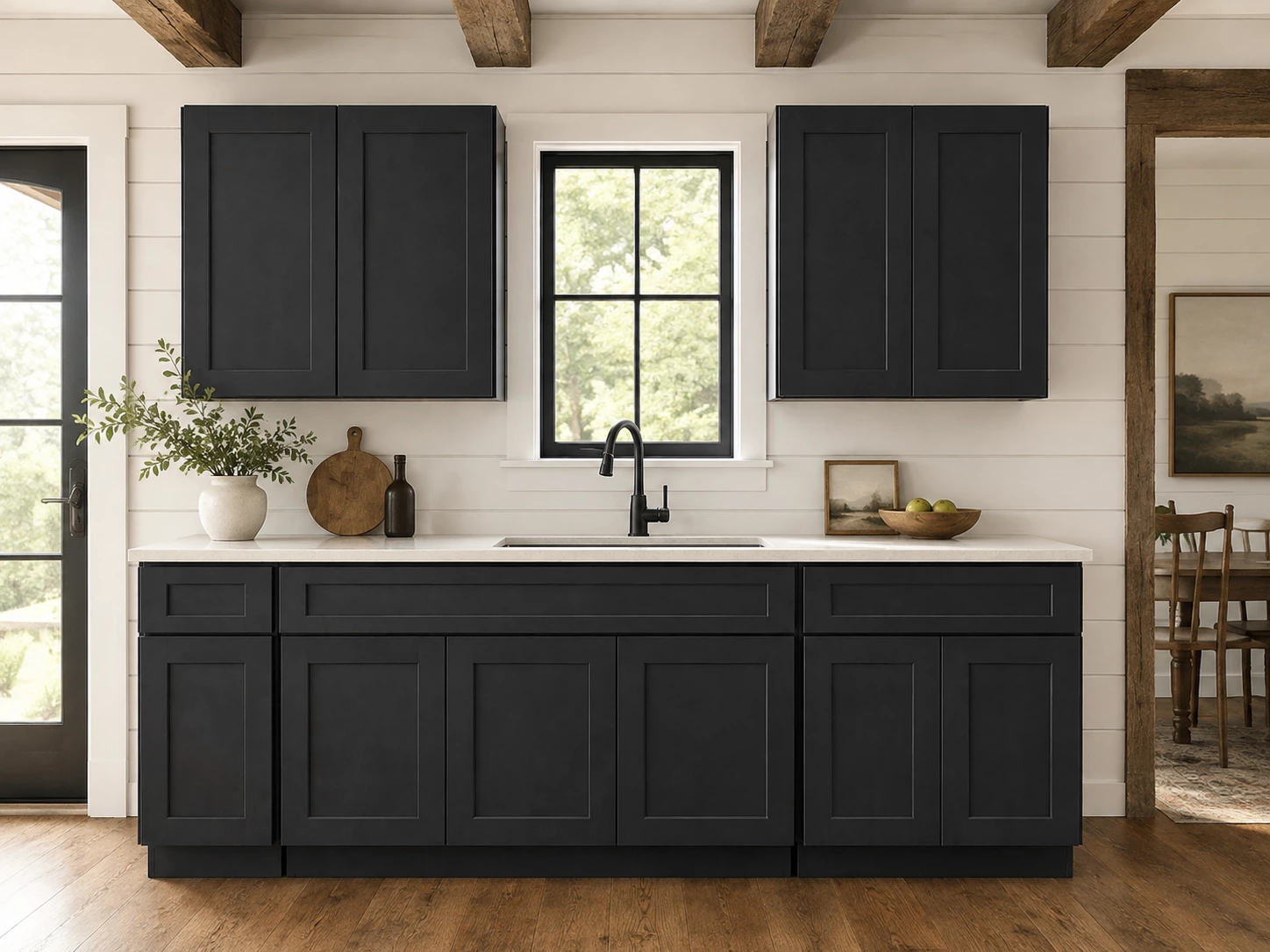Black Shaker cabinet set in a mid century kitchen in Cleveland, Ohio
