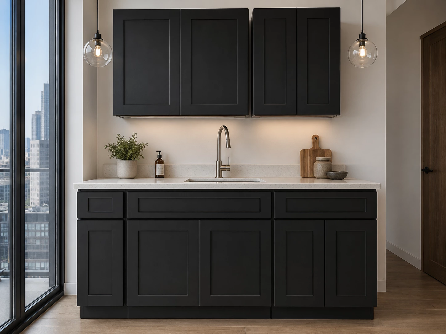 Black Shaker kitchen cabinet set in a Japandi style home in Cleveland, Ohio