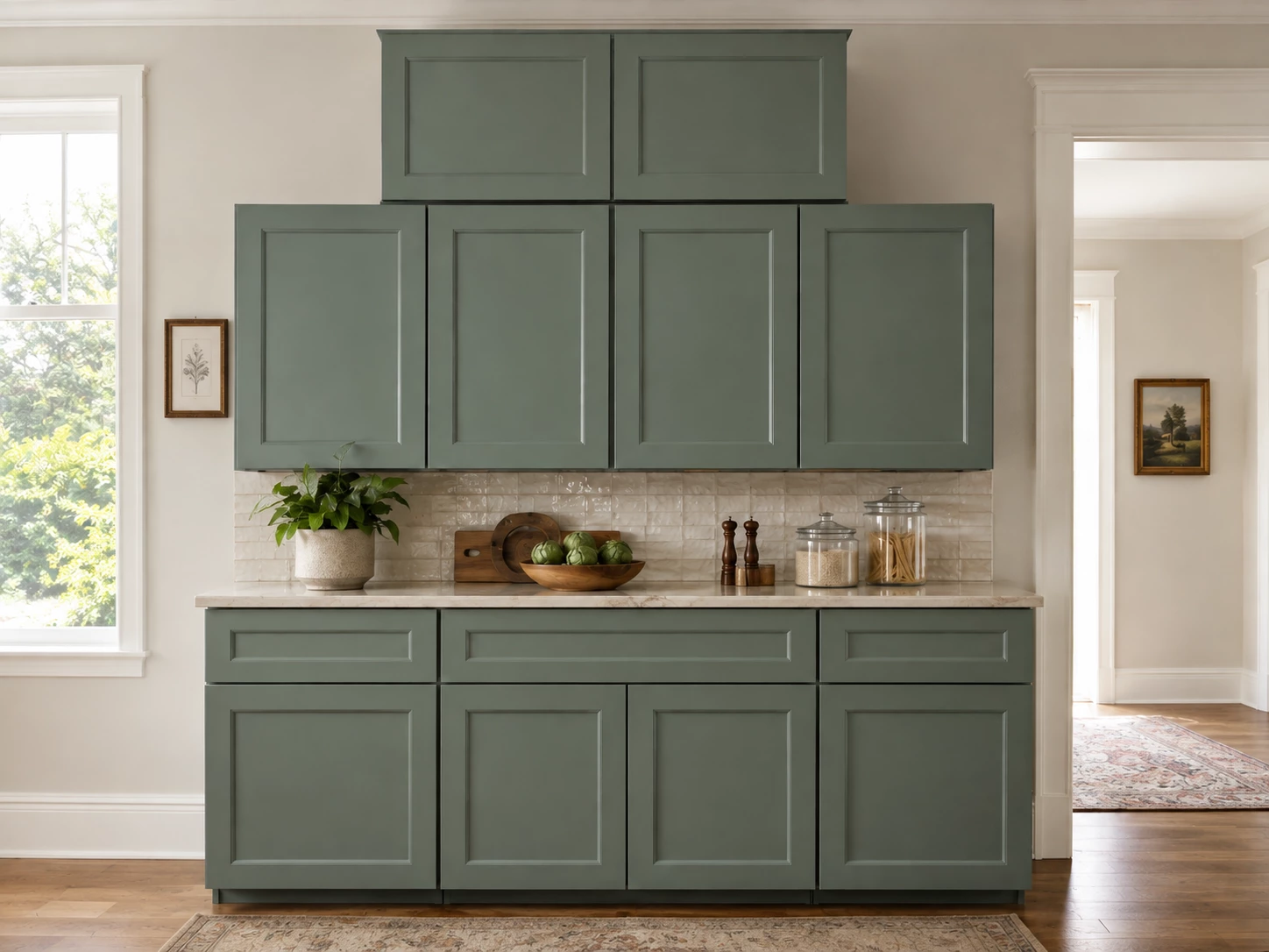 Coastal kitchen with sage green cabinets and natural wood accents in Cleveland, Ohio
