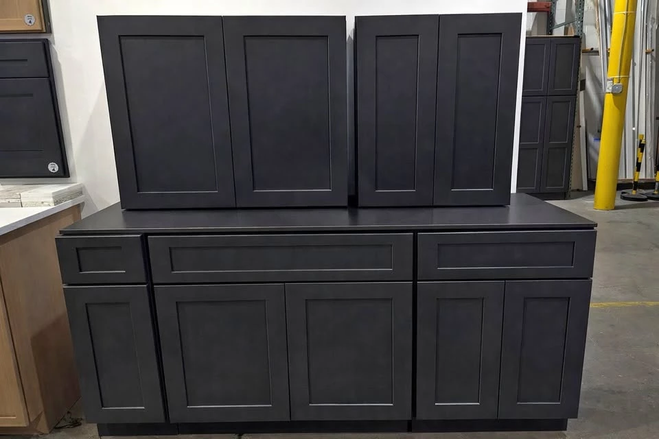 Complete Black Shaker kitchen cabinet set at the RTA Cabinets Ohio warehouse in Cleveland