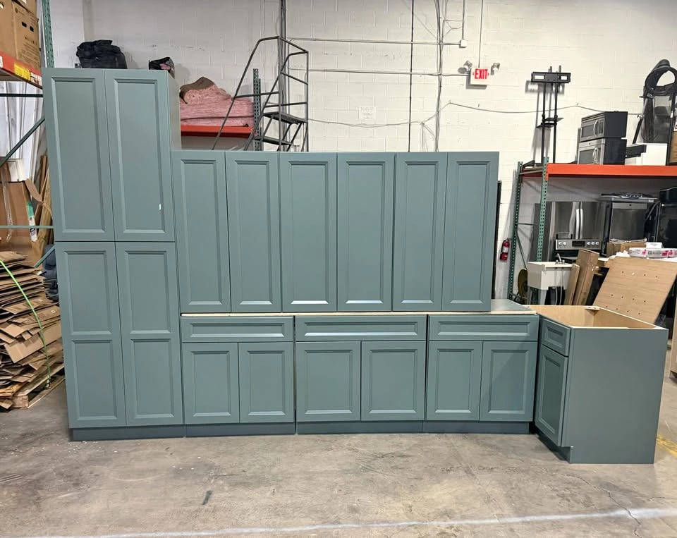Complete green Bevel kitchen cabinet set for sale at the Cleveland warehouse