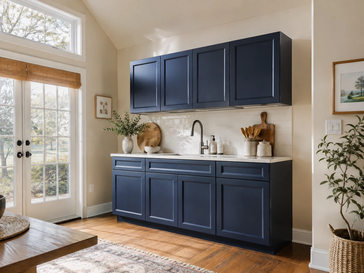 Contemporary Navy Blue kitchen cabinets with a sink base in Cleveland, Ohio