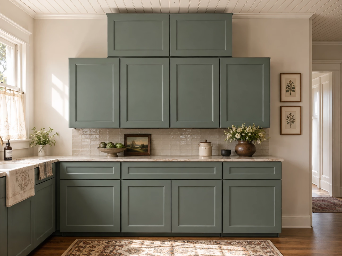 Cottage style kitchen with sage green RTA cabinets in Cleveland, Ohio