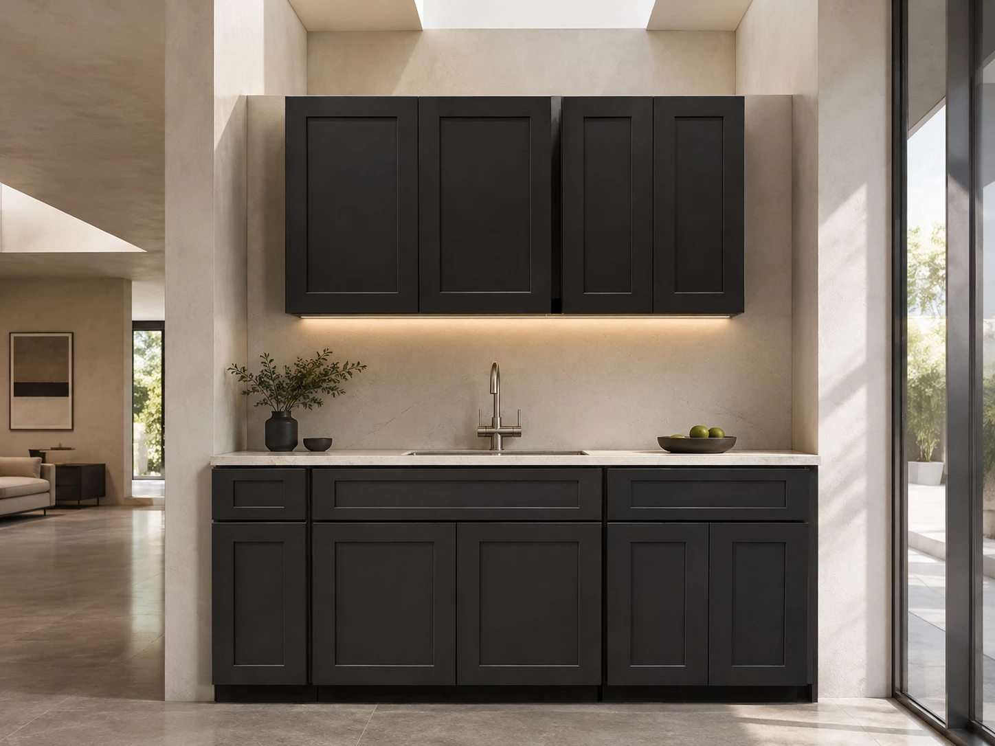 Black Shaker kitchen cabinets in an industrial loft kitchen in Cleveland, Ohio
