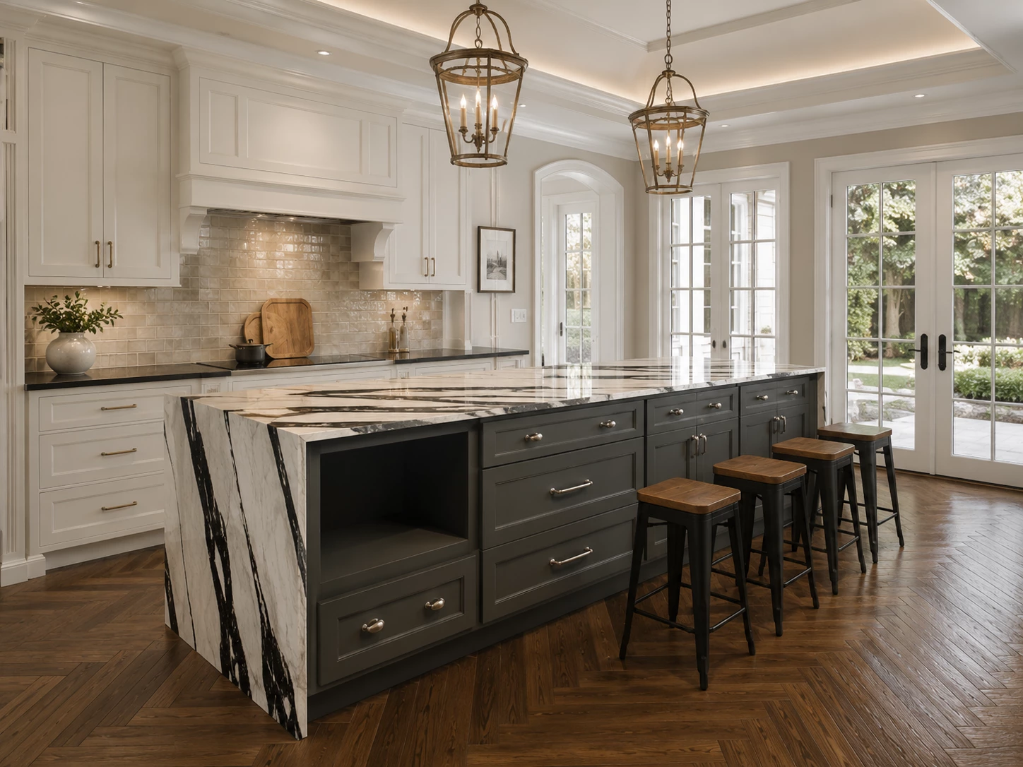 Dark gray kitchen island with drawers and open storage in Cleveland, Ohio