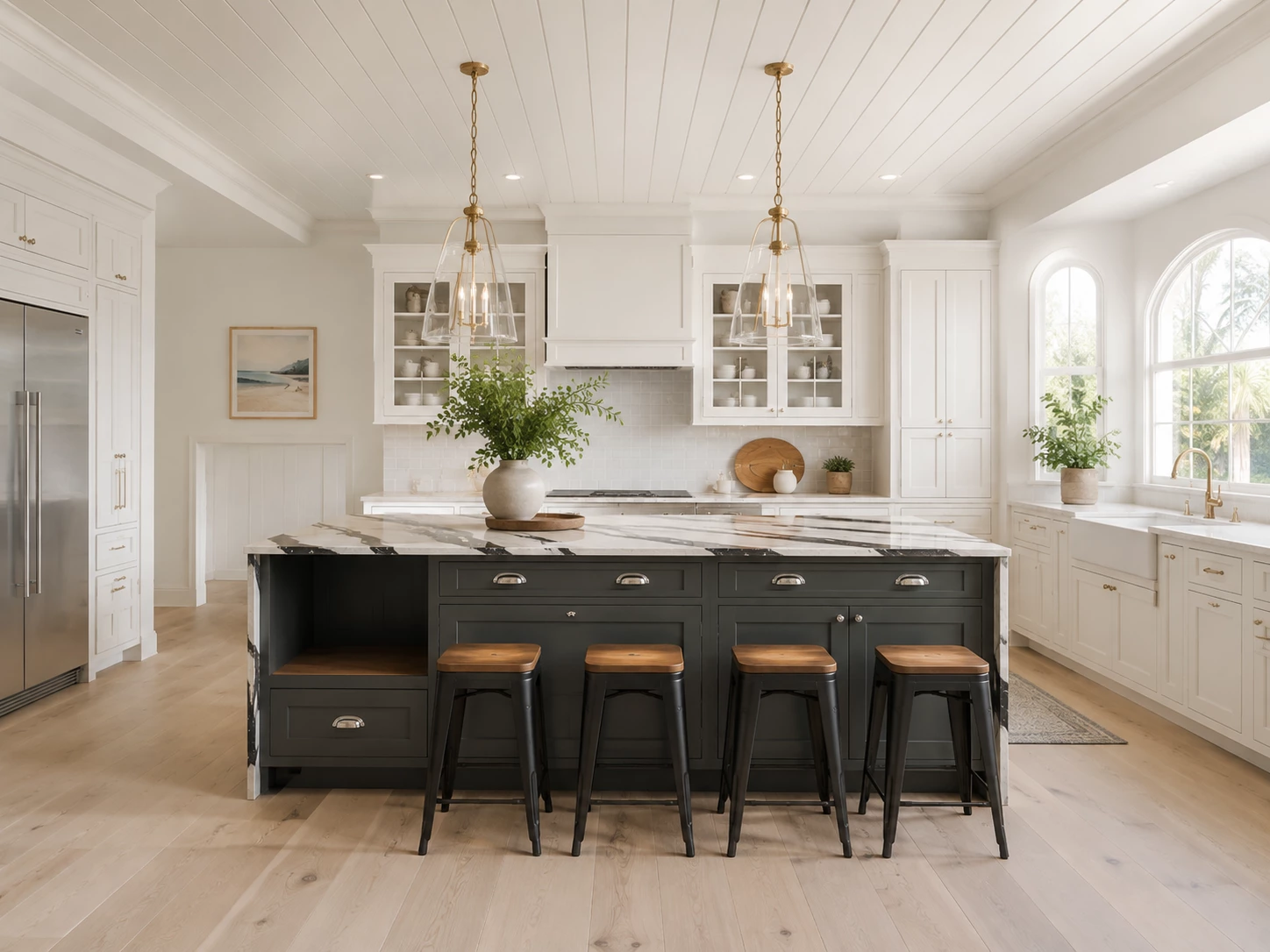 Dark gray kitchen island with a waterfall quartz countertop in Cleveland, Ohio