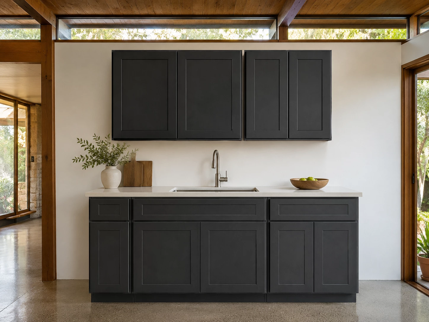 Black Shaker kitchen cabinets in a coastal style home in Cleveland, Ohio