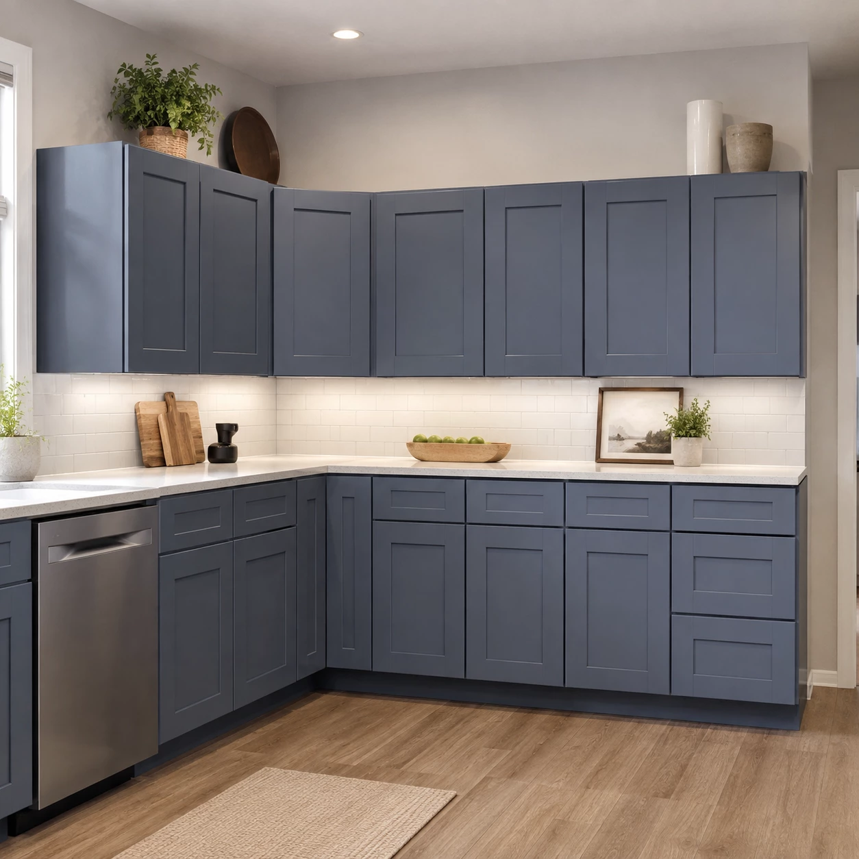 Fully assembled grey Shaker kitchen cabinet set at the Cleveland warehouse