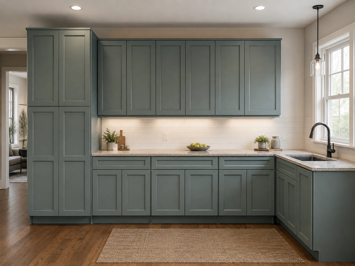 Fully assembled green Bevel cabinet set at the RTA Cabinets Ohio warehouse in Cleveland