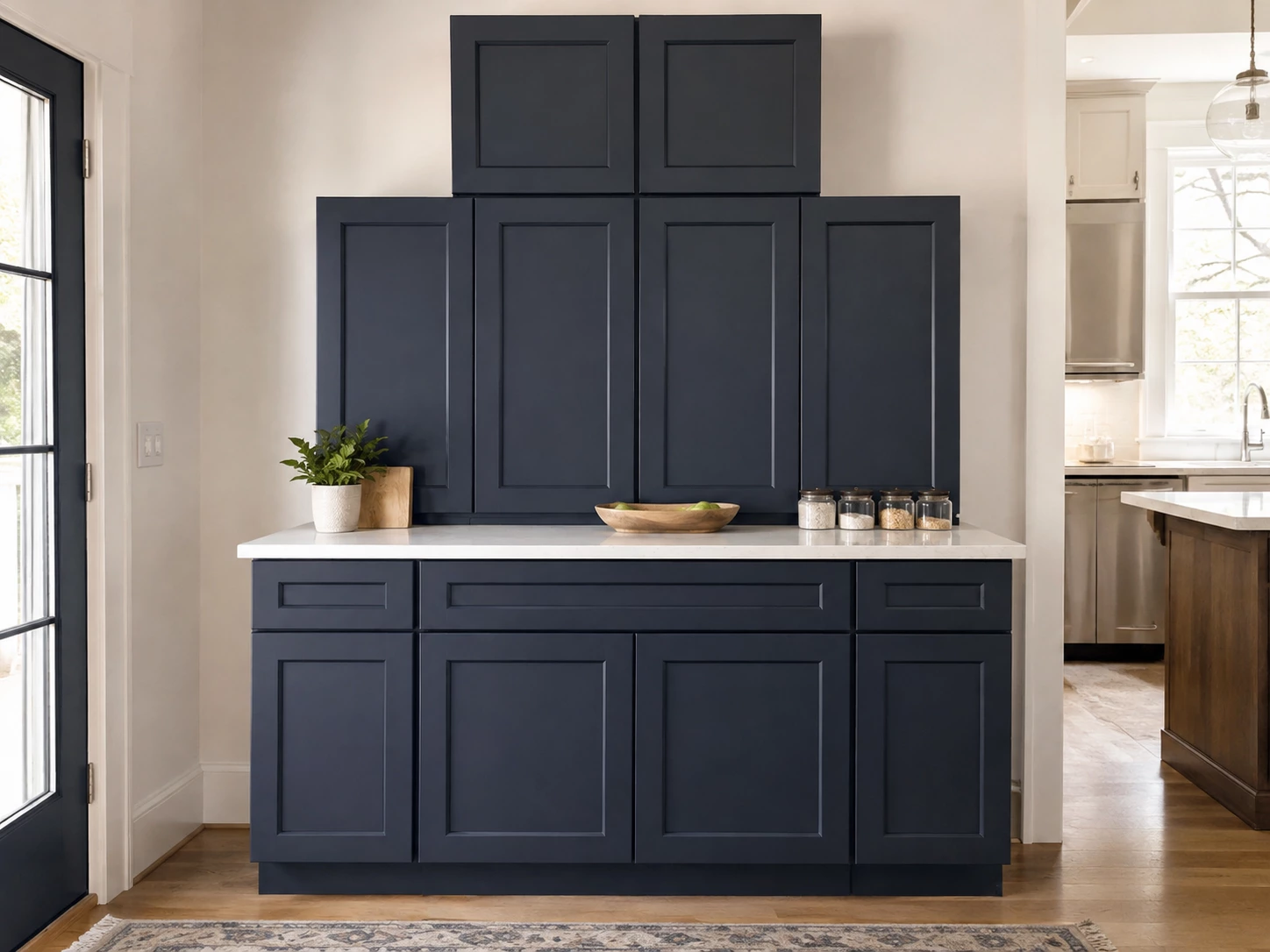 Fully assembled Navy Blue Shaker kitchen cabinets in Cleveland, Ohio