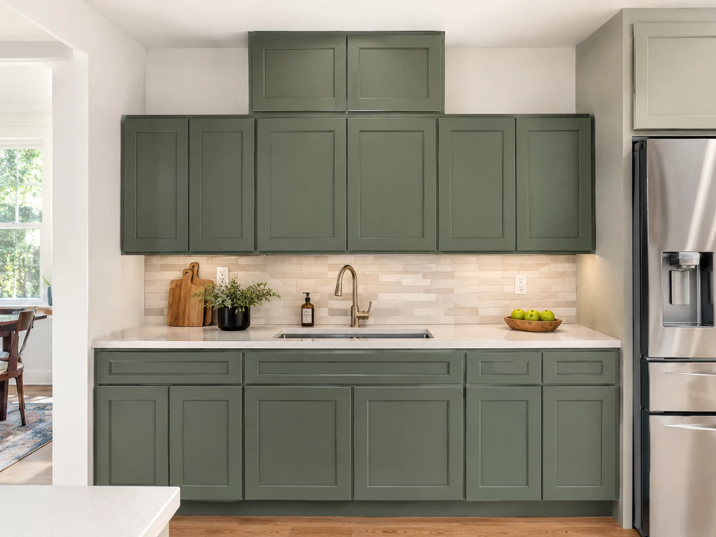 Fully assembled green kitchen cabinet set, 96 inch run, in Cleveland, Ohio