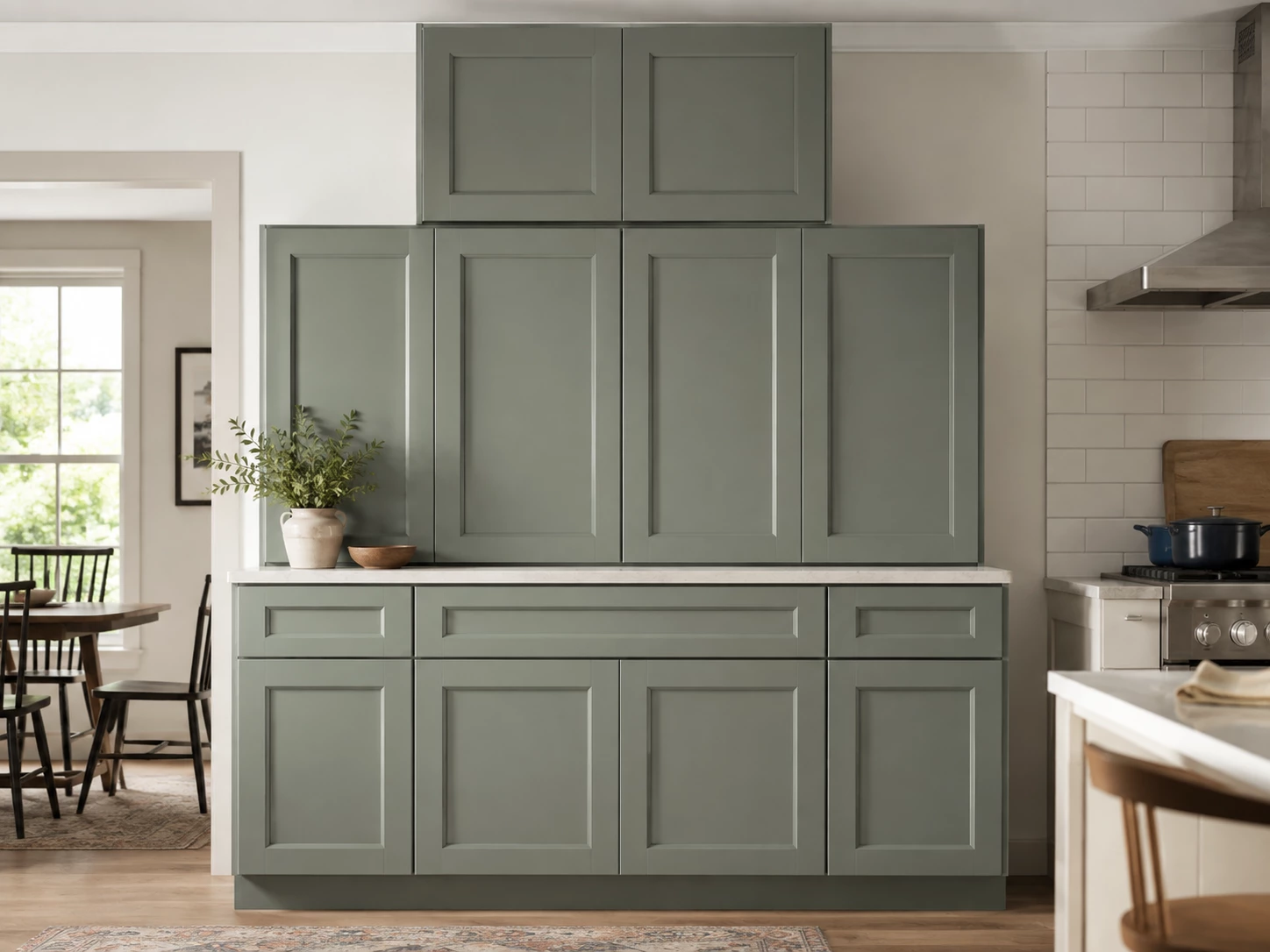 Fully assembled Sage Green Shaker kitchen cabinet set in Cleveland, Ohio