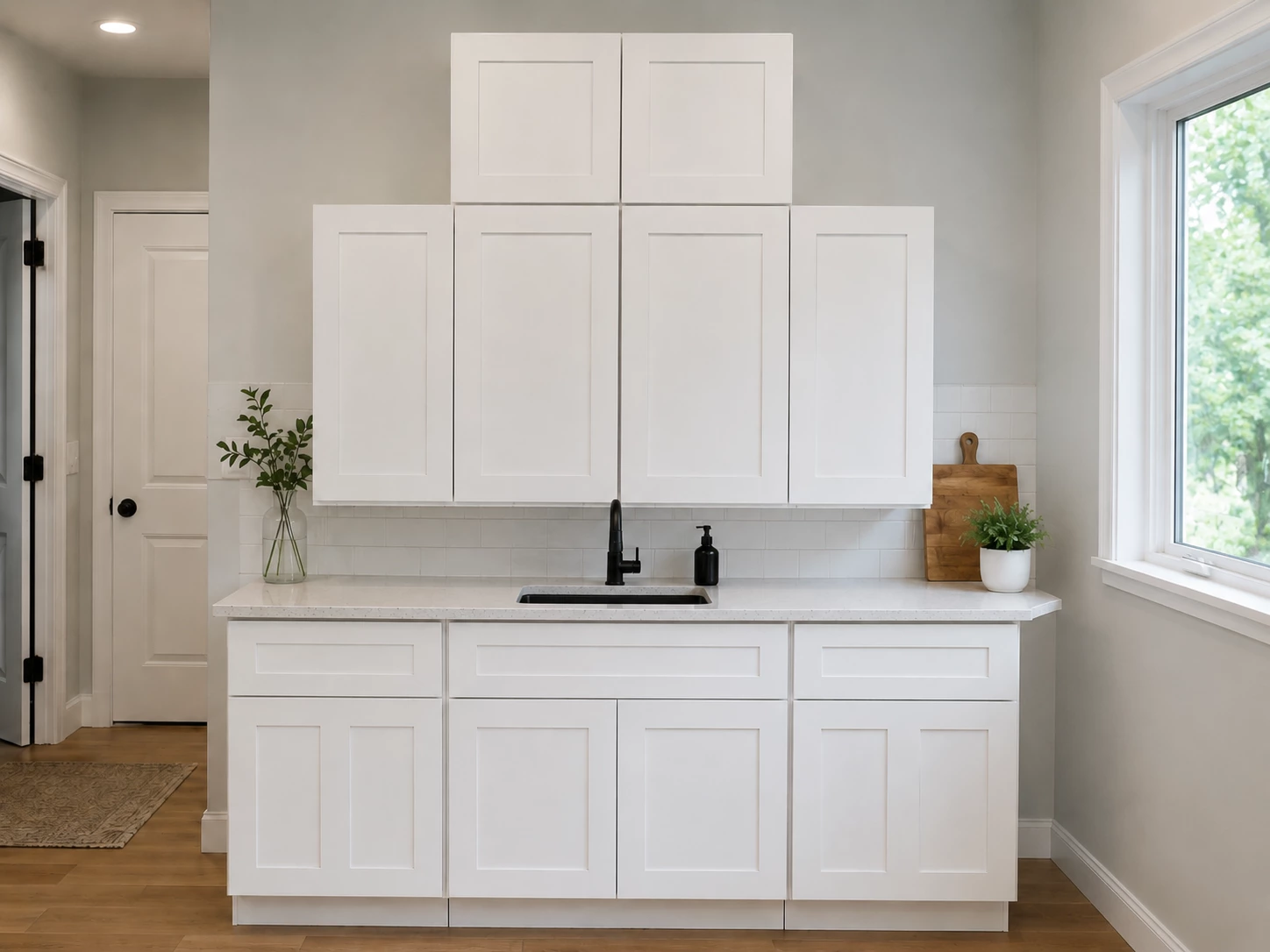 Fully assembled White Shaker kitchen cabinet set at the Cleveland warehouse