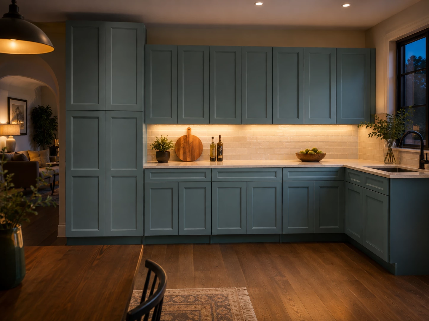 Green Bevel cabinets under warm evening lighting in a Cleveland, Ohio kitchen