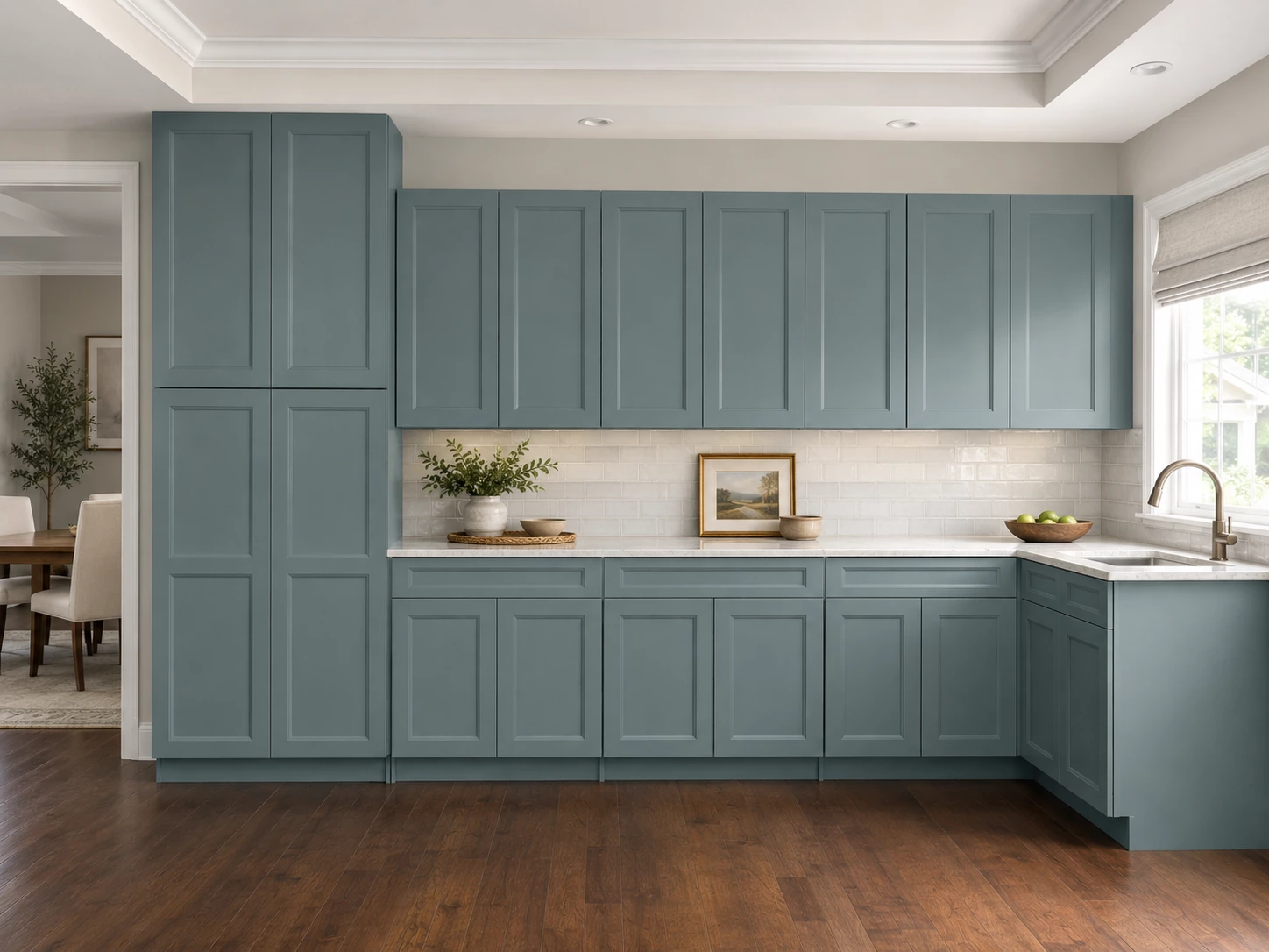 Green Bevel kitchen cabinets in a cottage style interior in Cleveland, Ohio