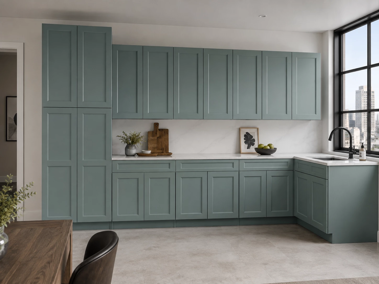 Green Bevel kitchen cabinets beside an arched dining entry in Cleveland, Ohio