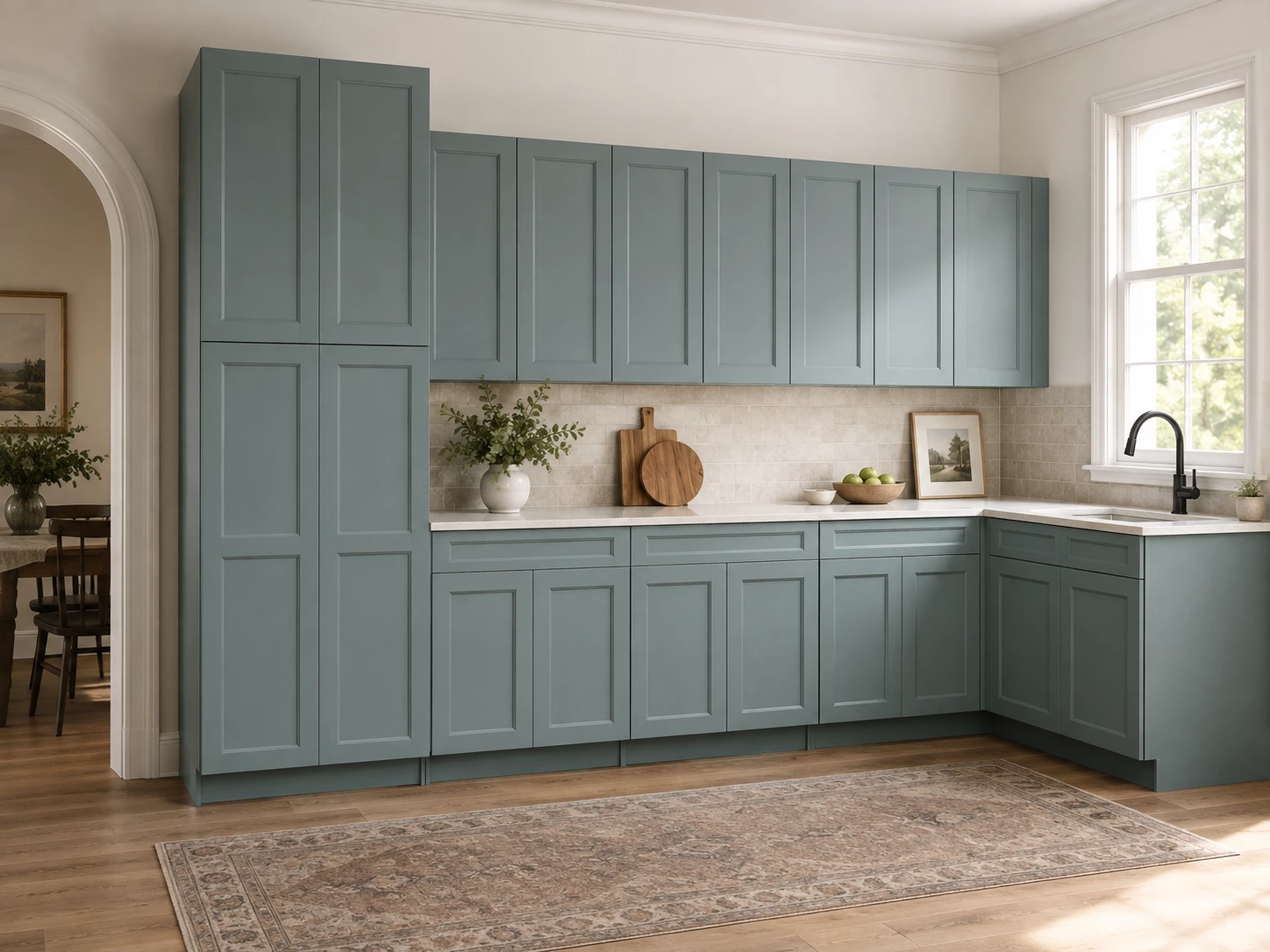 Green Bevel RTA cabinets in a skylight kitchen in Cleveland, Ohio