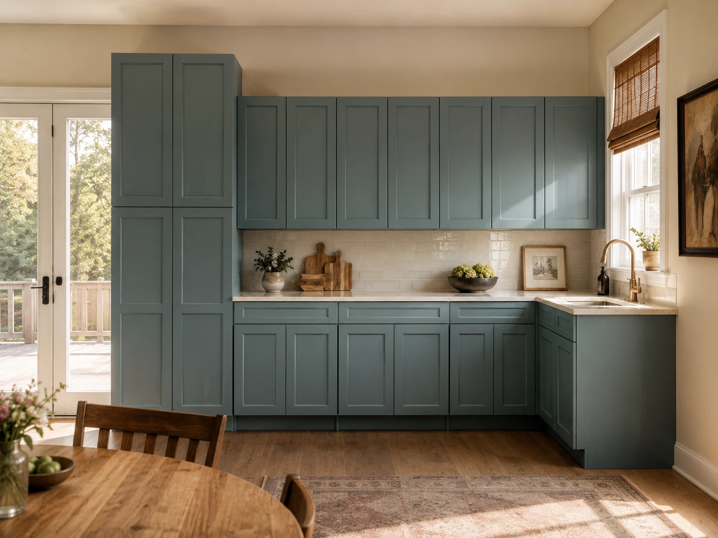 Green Bevel kitchen cabinets with dark hardwood flooring in Cleveland, Ohio