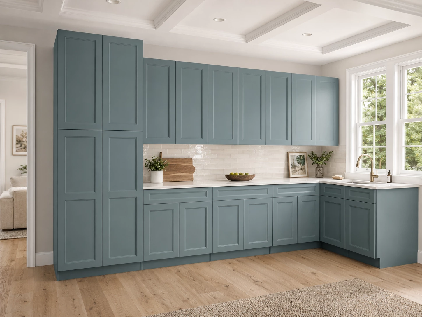 Green Bevel kitchen cabinets under a rustic wood ceiling in Cleveland, Ohio