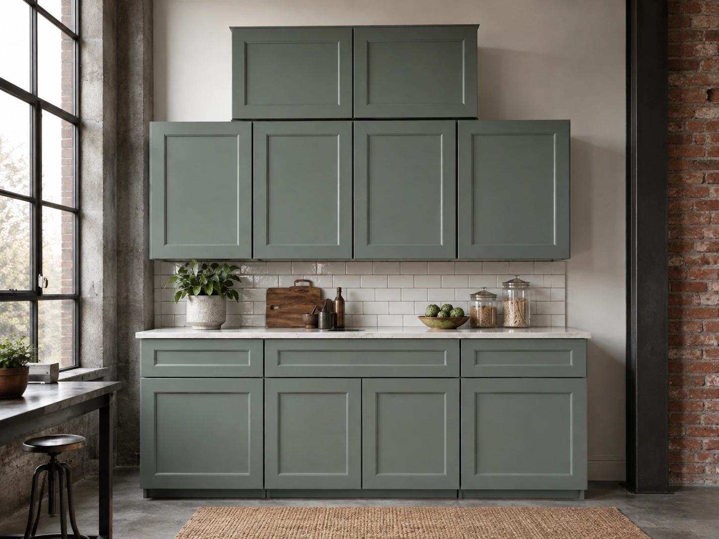 Industrial loft kitchen with sage green shaker cabinets in Cleveland, Ohio