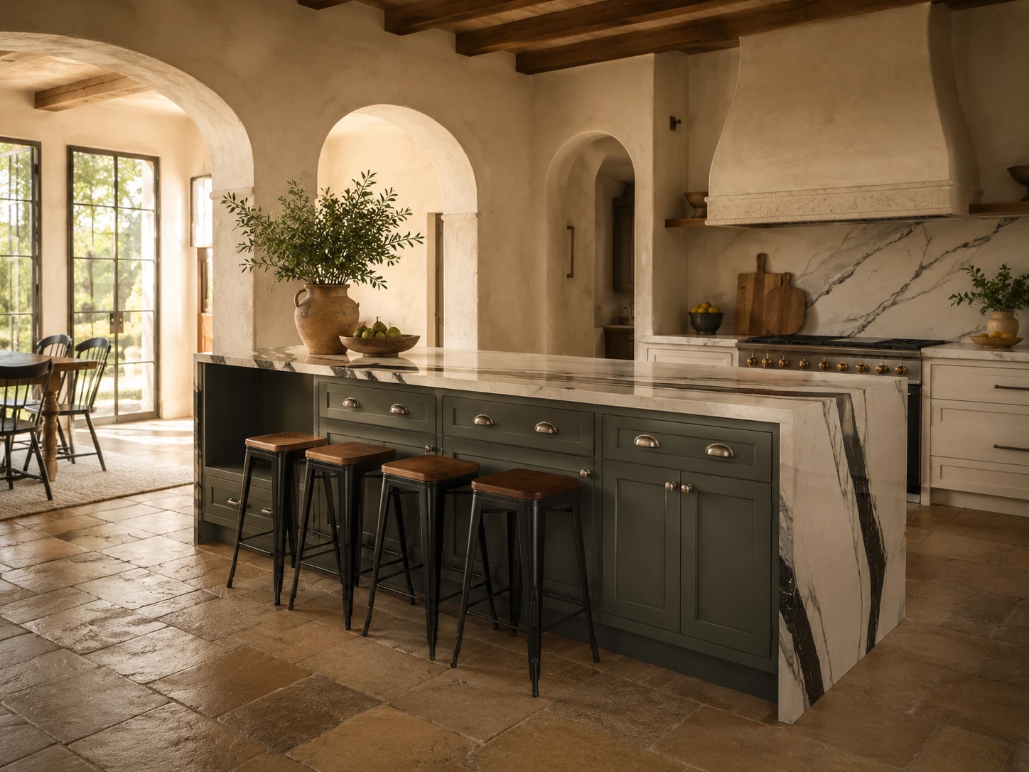 Large kitchen island with white and black veined quartz in Cleveland, Ohio