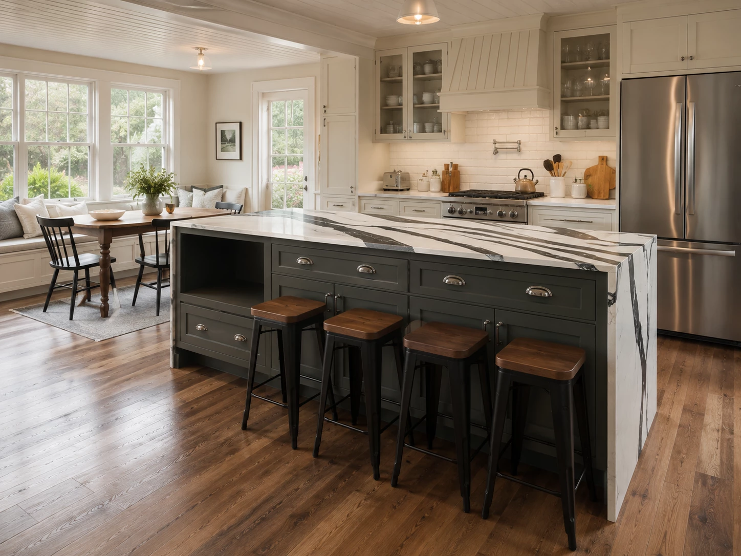 Waterfall edge kitchen island with cabinet storage in Cleveland, Ohio