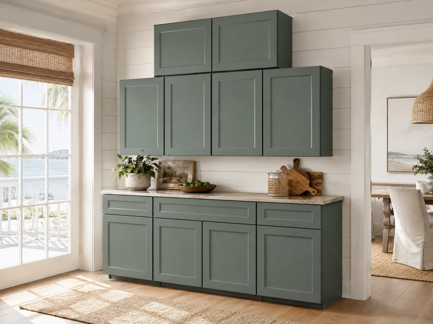 Minimalist kitchen layout with sage green shaker cabinets in Cleveland, Ohio
