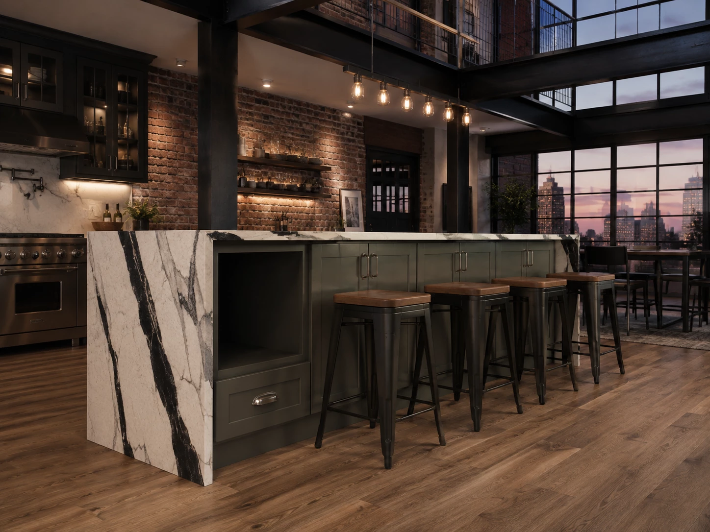 Dark gray kitchen island with four bar stools in Cleveland, Ohio