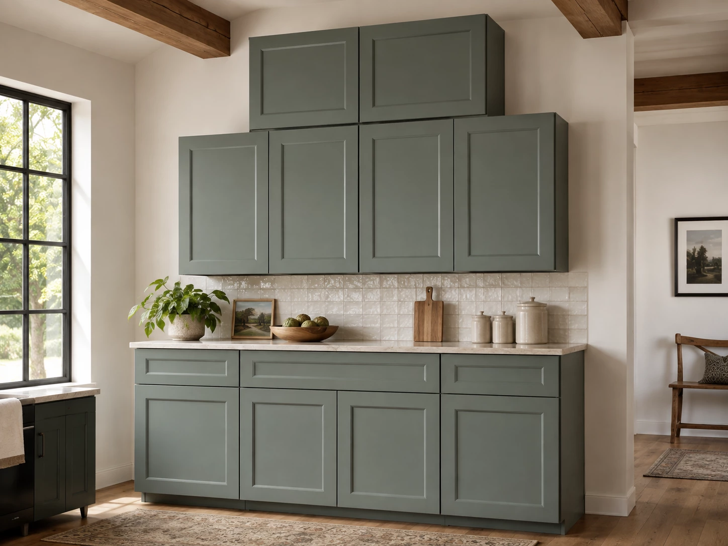 Modern kitchen with sage green cabinets and a white countertop in Cleveland, Ohio