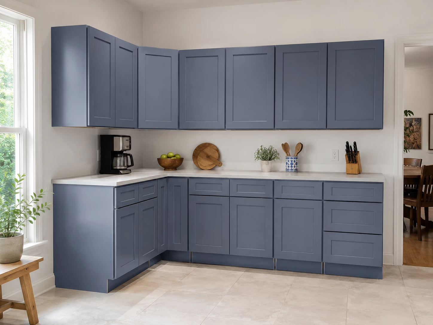 Open concept L shaped kitchen with grey cabinets in Cleveland, Ohio