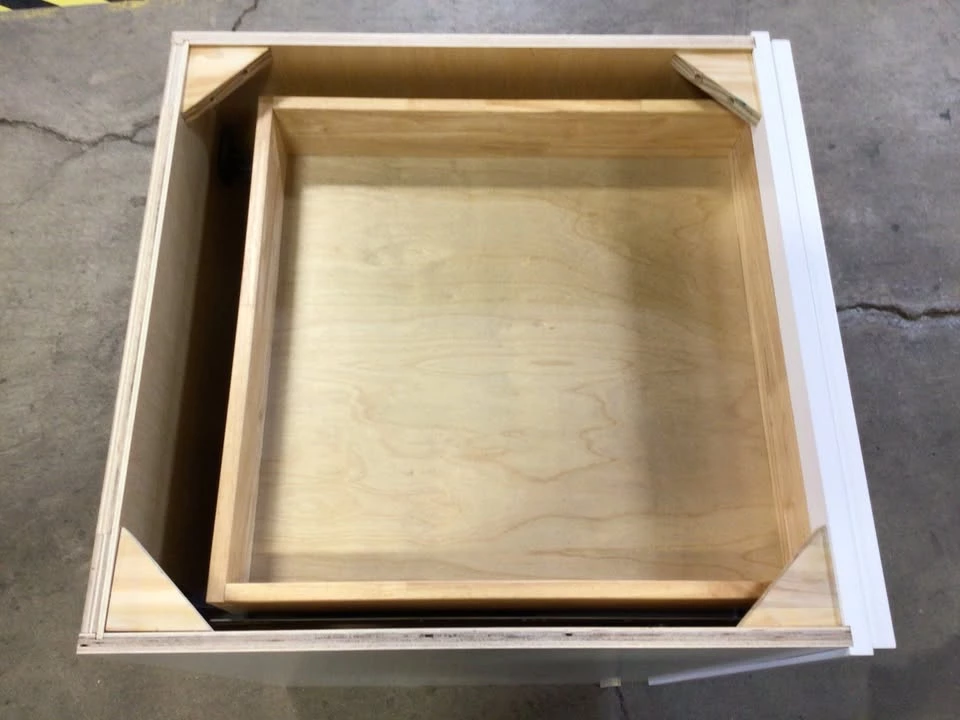 Plywood drawer box construction on a White Shaker kitchen cabinet in Cleveland, Ohio
