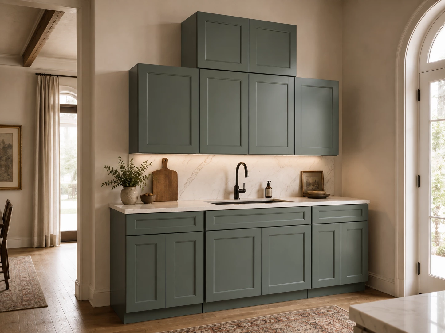 Green kitchen cabinet set in a transitional kitchen in Cleveland, Ohio