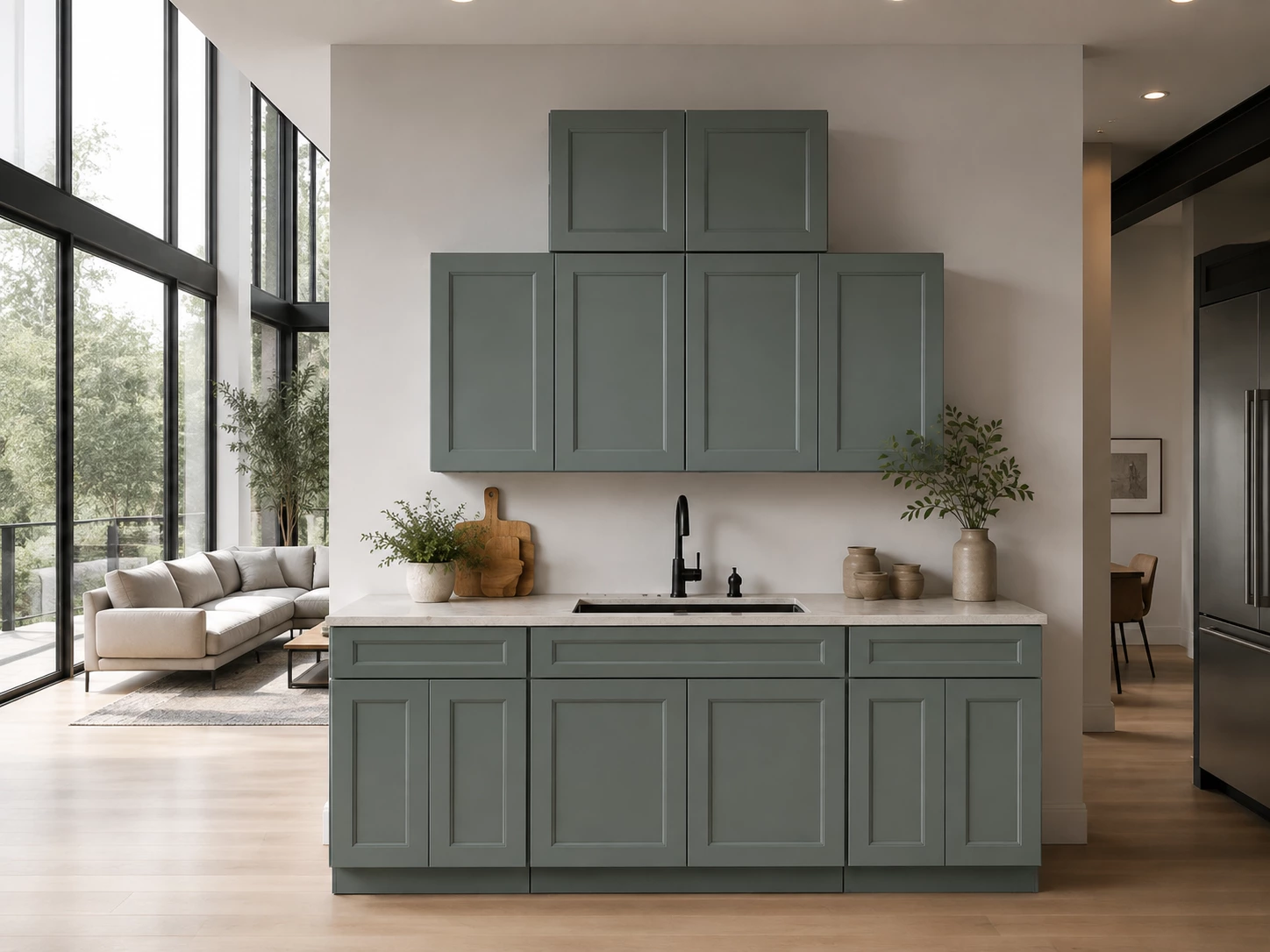 Green kitchen cabinets in a contemporary open concept home in Cleveland, Ohio