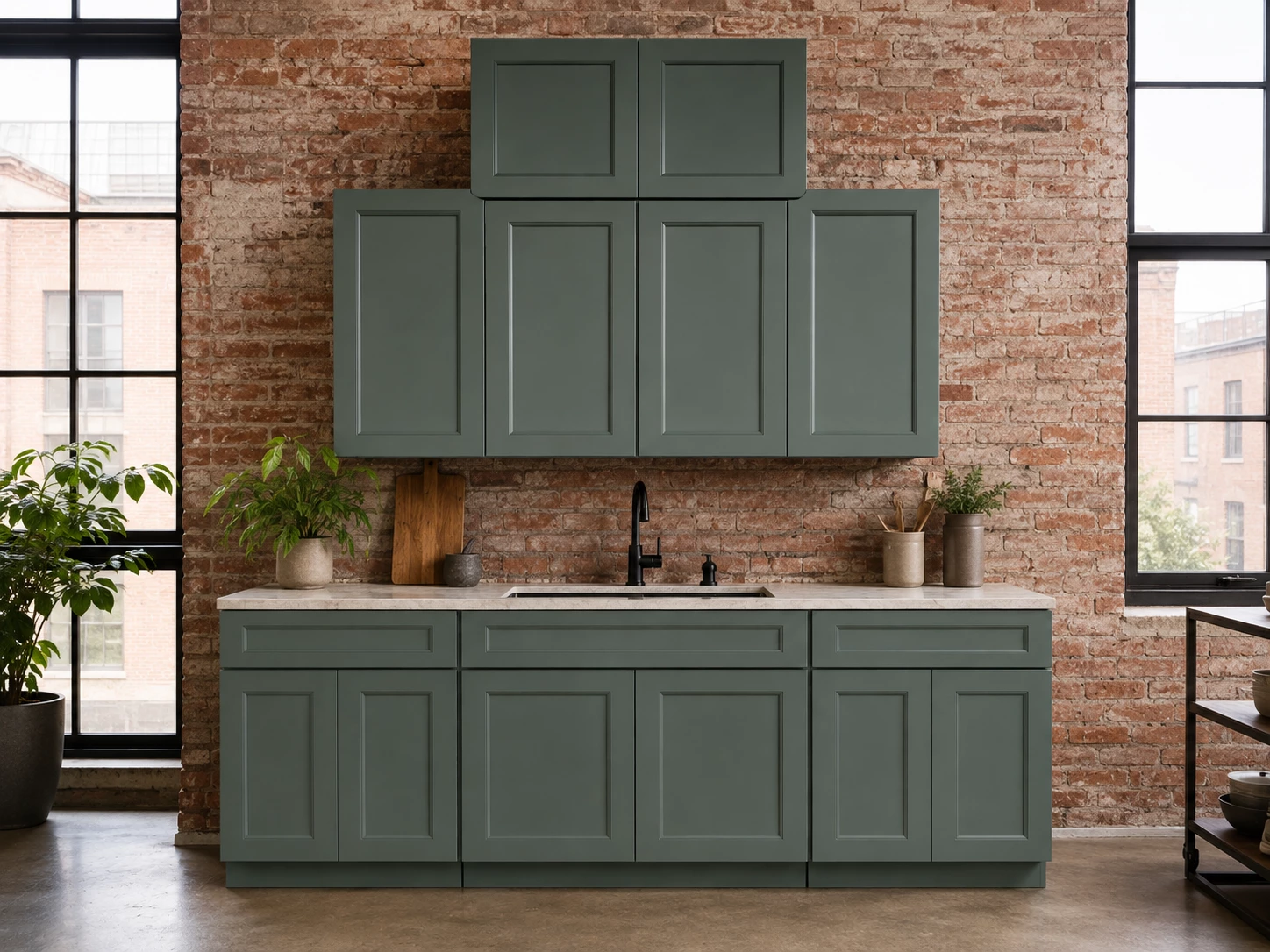 Green kitchen cabinet set in an industrial loft kitchen in Cleveland, Ohio